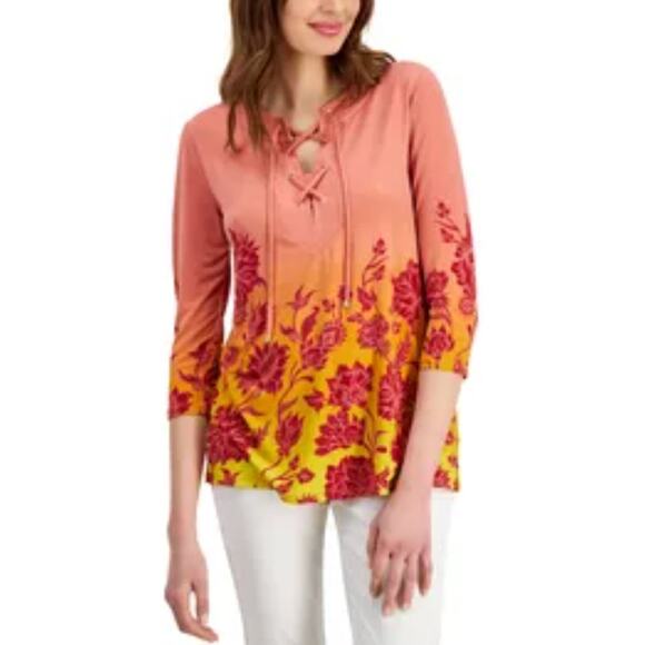 JM Collection Ombre Floral Print Lace-up Tunic Top Women's Size Large (L) - Picture 1 of 9